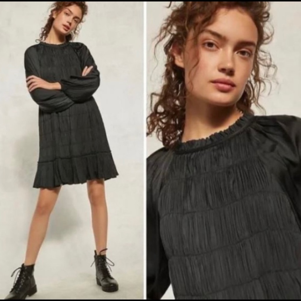 Maeve by Anthropologie L Smocked Black Pleated Ruffle Dress